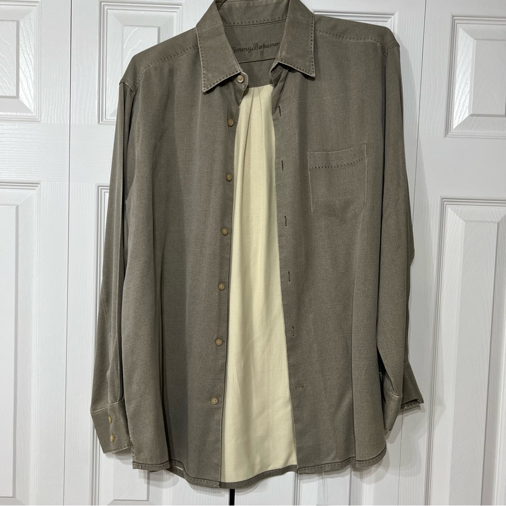Tommy Bahama Olive Men M Silk Wool long sleeve button Dress Shirt Classic Preppy - Picture 2 of 7